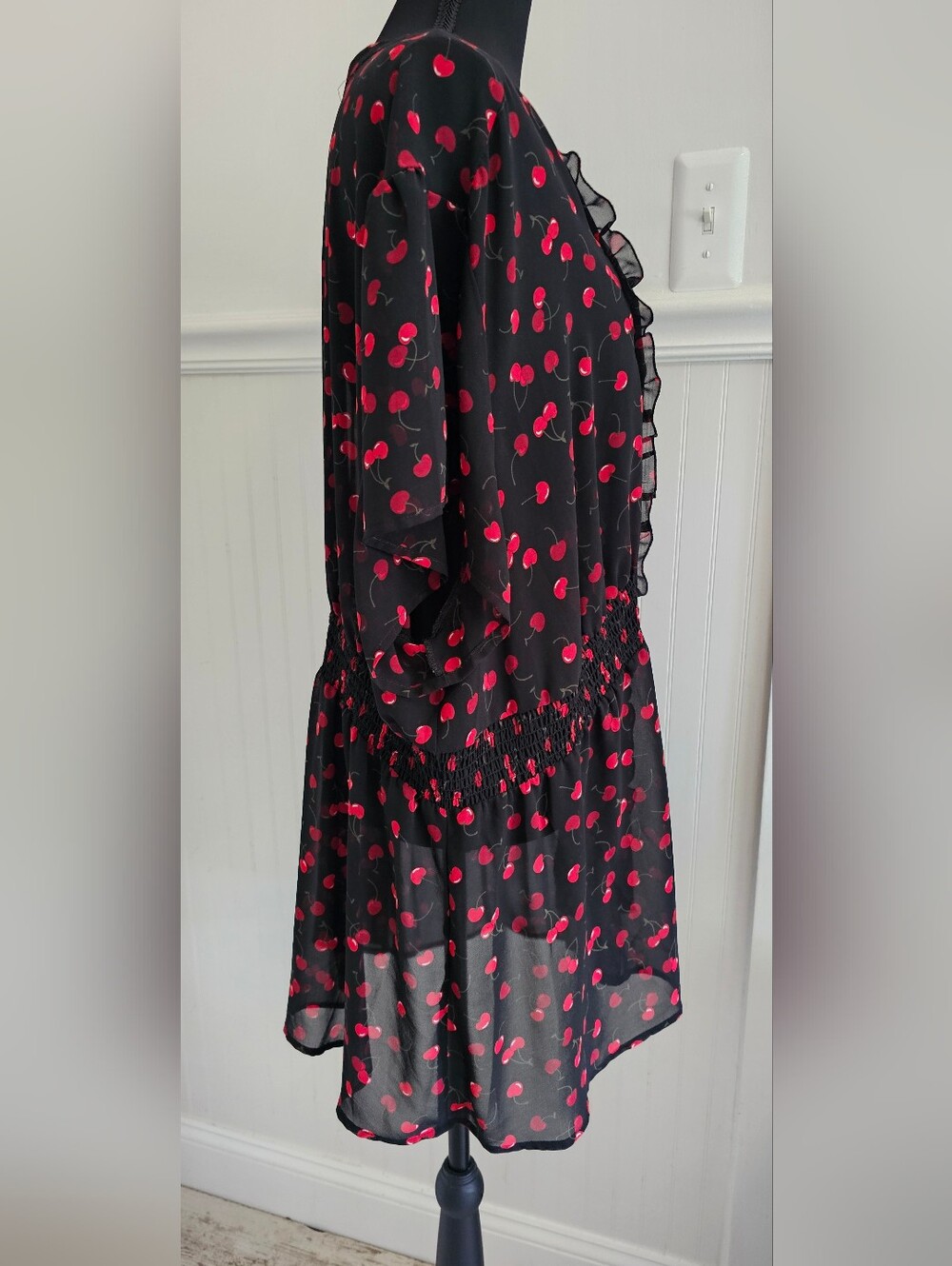 Torrid 4X Black Chiffon Tunic with Red Cherry Dot Print and Ruffles - Picture 4 of 5